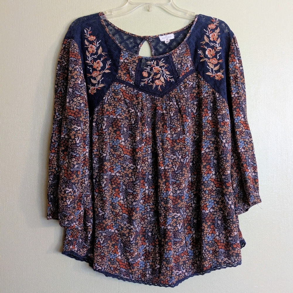 Mason & Belle Ditsy Floral Navy Blue Orange Blouse Lace & Embroidery Detail Boho